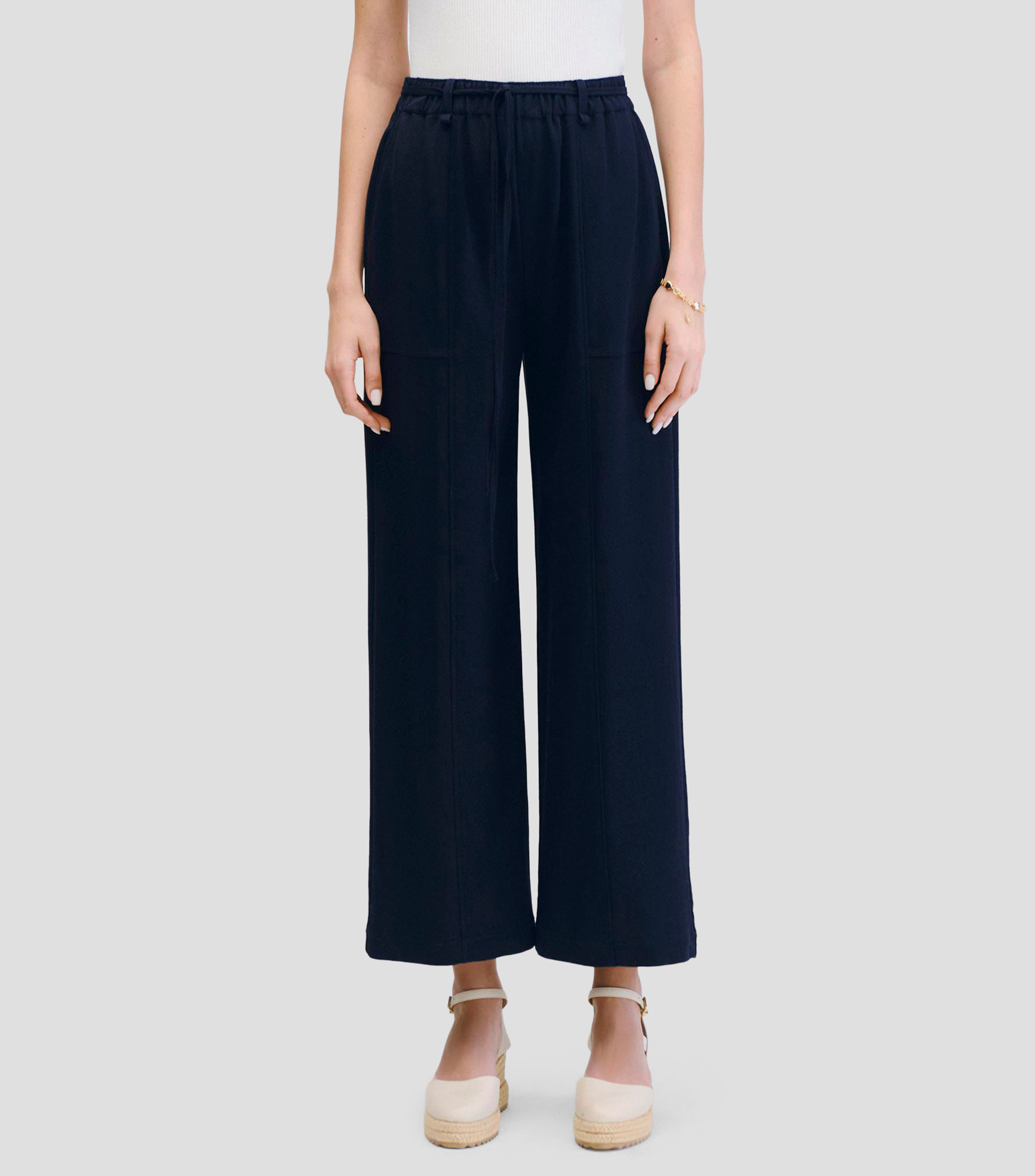 Pantalón Wideleg Azul Marino Tiro Pretina Enresortada Con Jaretas Mujer